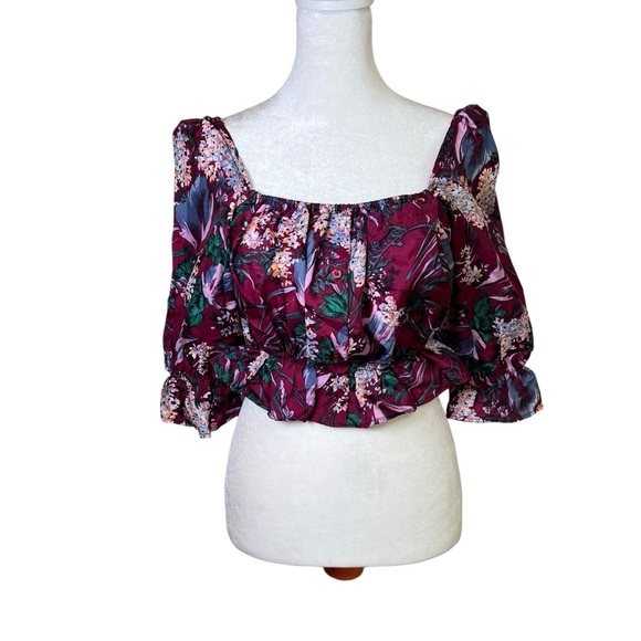 REFORMATION Floral Print Peplum Crop Top Square Neck Buttons Pocket Prairie Sz S - Picture 1 of 8